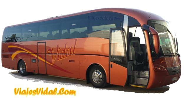 Lateral del autocar naranja de 54 plazas